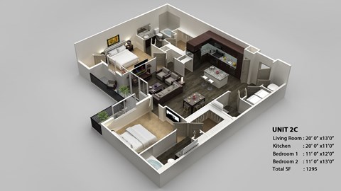 Floor plan for 2 beds, 2.5 baths, 1295 sqft